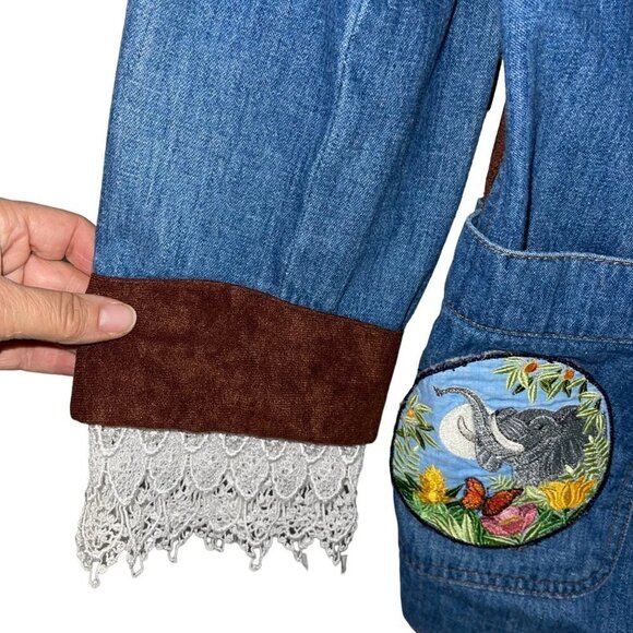 Lee Set Vintage Womens Blazer Size Large Upcycled Denim Patch Embroidered Lace - Picture 11 of 16
